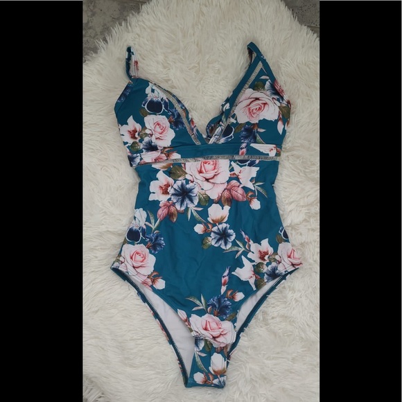 V-neck lace up monokini green floral monokini bathing suit beach wear#53 - Picture 3 of 6